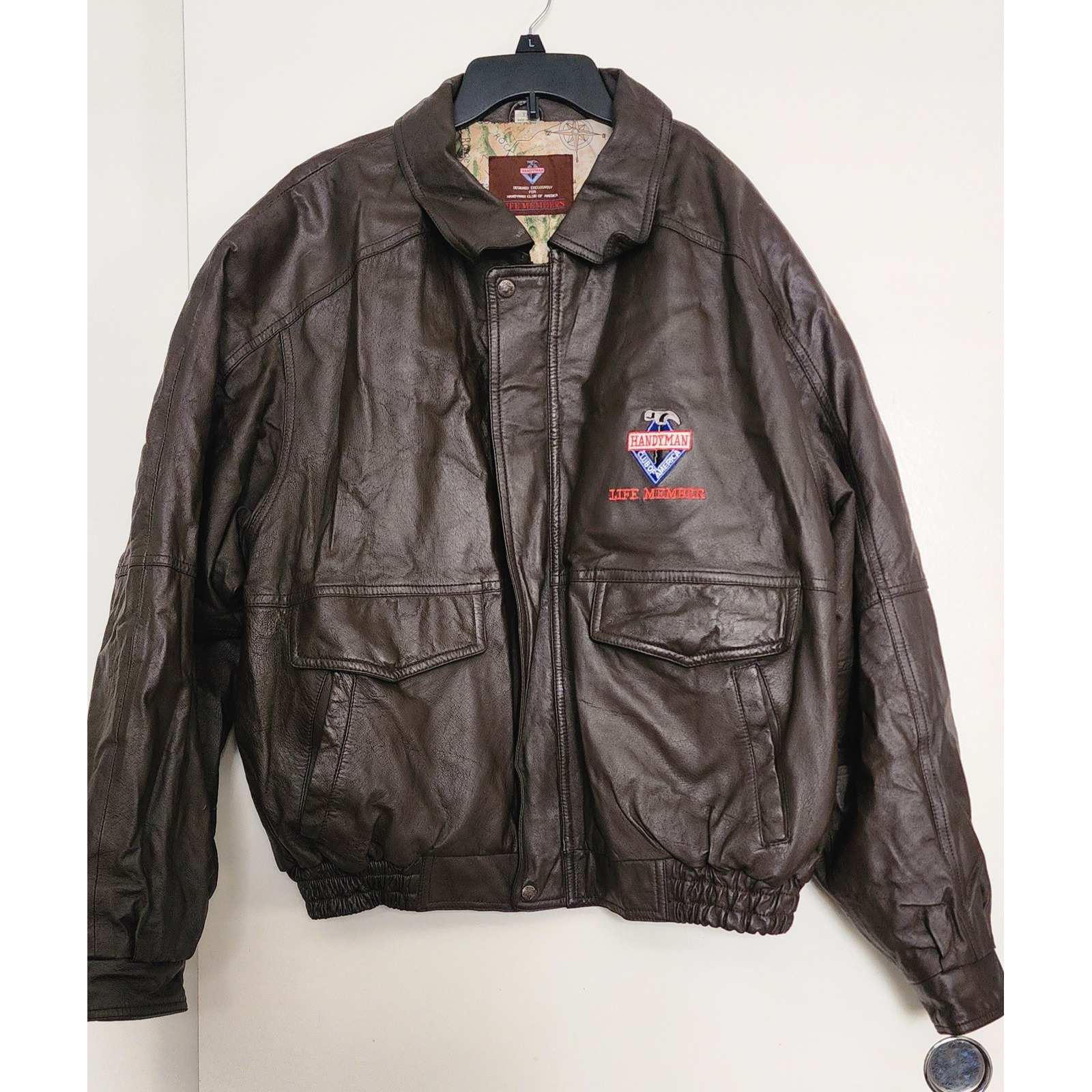 Vtg Mens Genuine Leather Bomber Jacket Handyman Club Of America Life Member Xxl